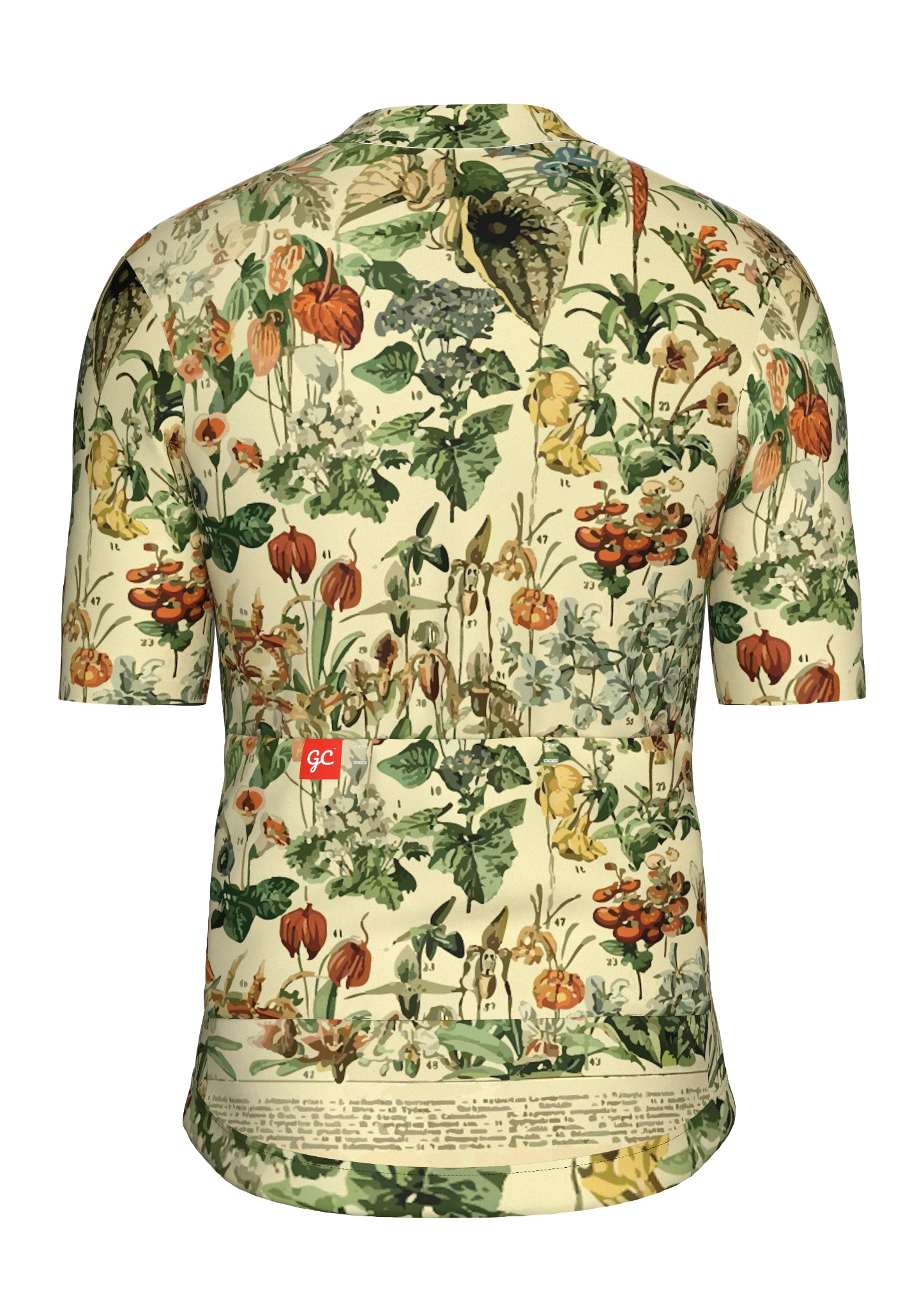 Rear of the Fleurs jersey layered over the botanical artwork, with a small red GC mark on the pocket