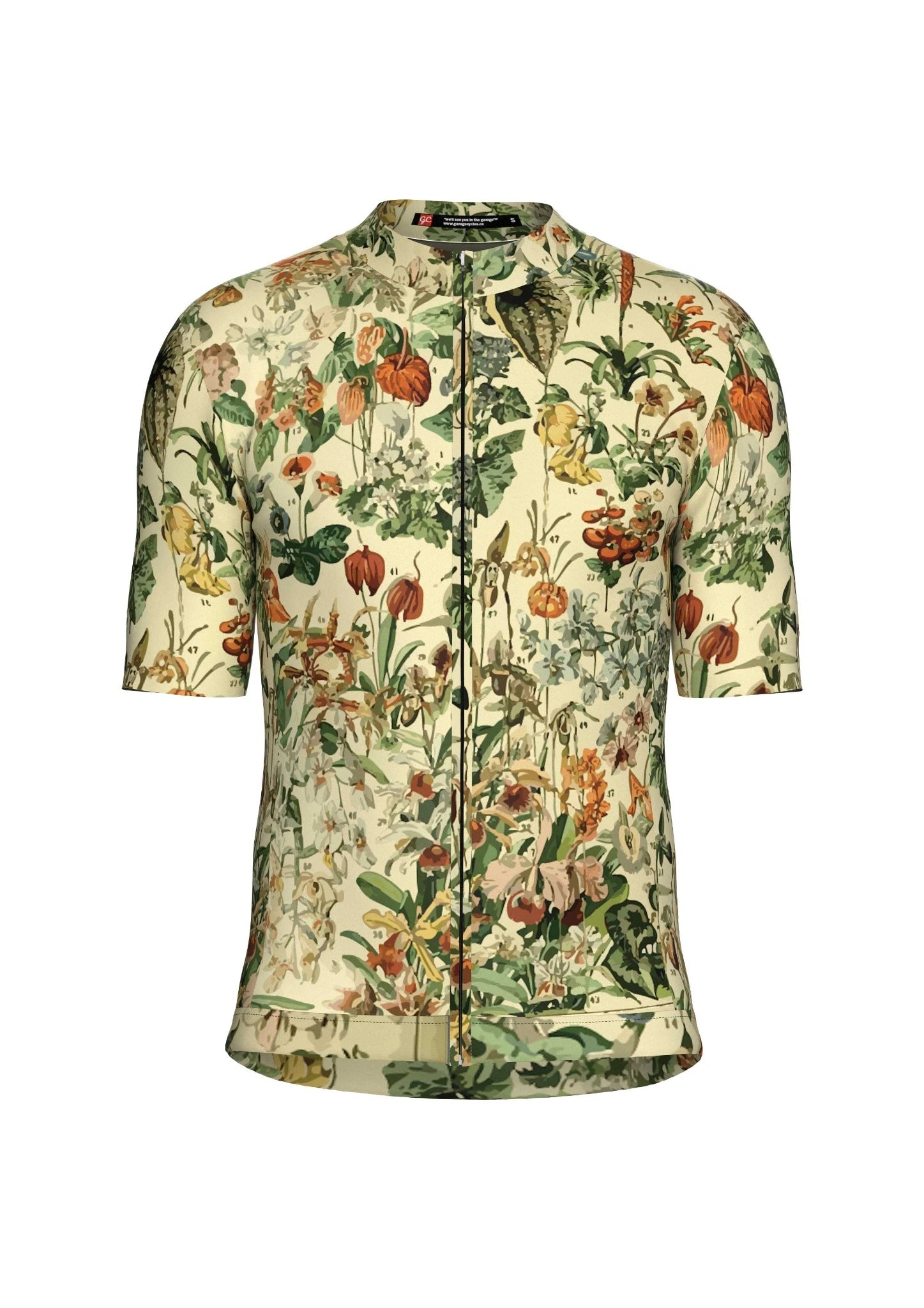 Front of the Fleurs jersey showing the fitted shape, full-length zipper and low collar