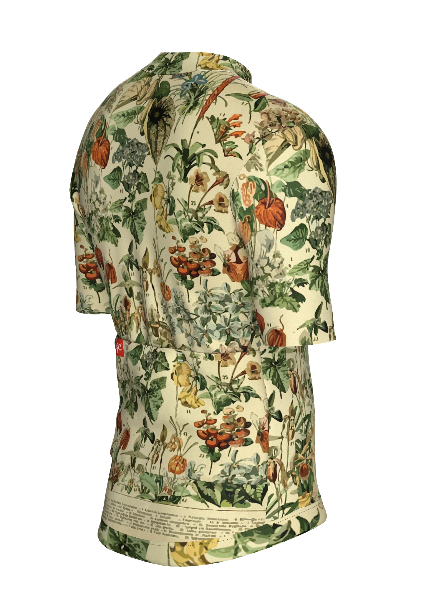 Side view showing the shaped sleeve, fitted body and botanical print